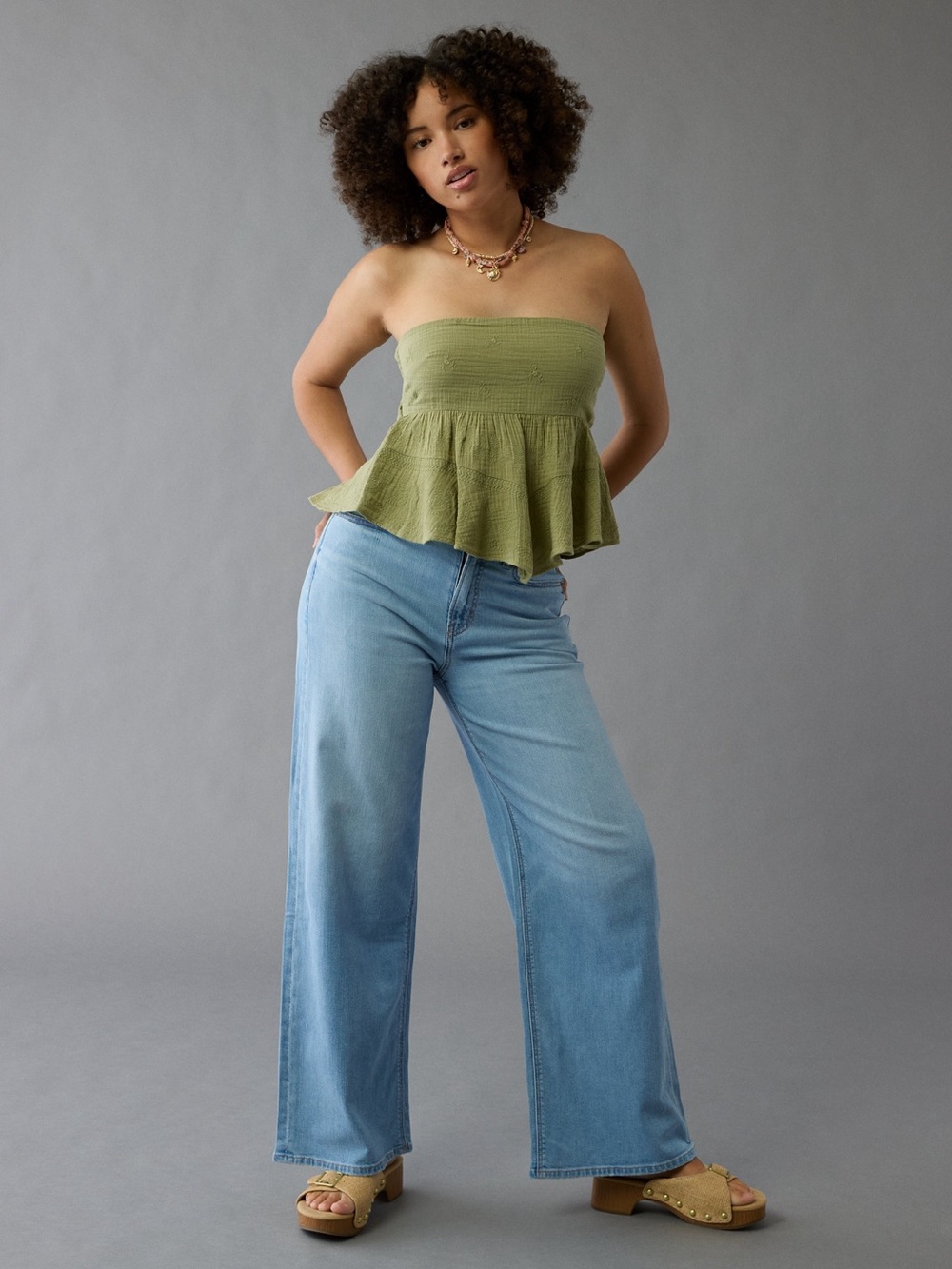 AE Dreamy Drape Stretch Curvy Super High-Waisted Baggy Wide Leg Jeans / Size 14S